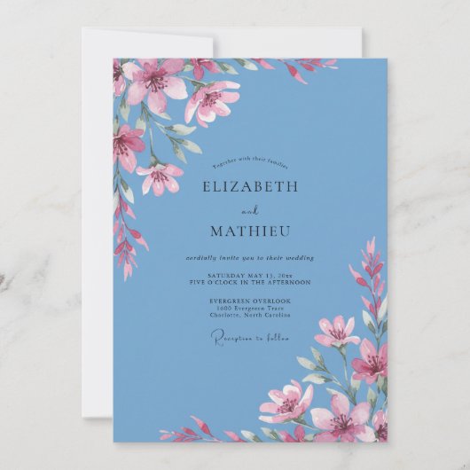 Invitation Mariage Azurée Branche Fuchsia Eucalyptus (Devant)