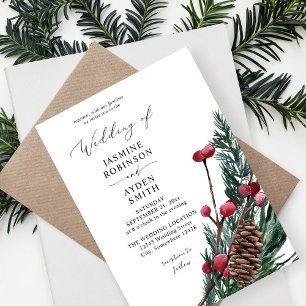 Invitation Mariage Baies d'Hiver & Feuillage de Pin 