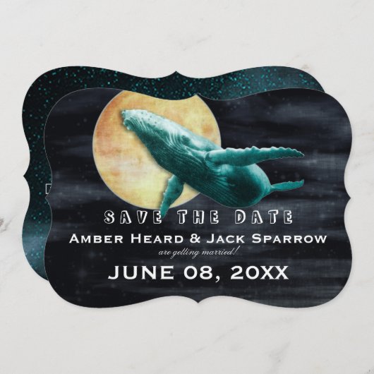 Invitation Mariage Baleine Volant vers la Lune Save the Date (Devant / Derrière)