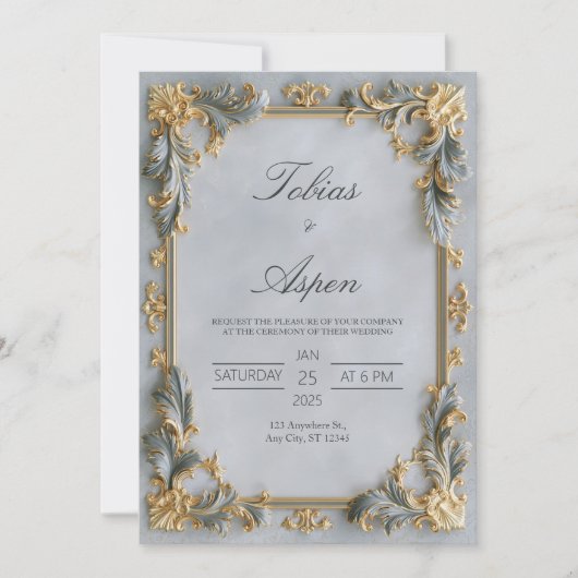 Invitation Mariage Baroque Argent Doré (Devant)