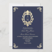 Invitation Mariage Baroque Bleu Nuit Or Monogramme (Devant)
