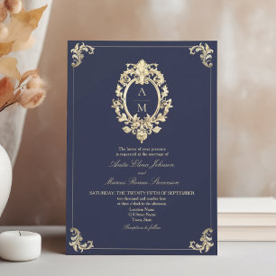 Invitation Mariage Baroque Bleu Nuit Or Monogramme