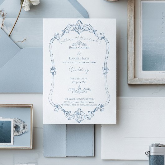 Invitation Mariage Baroque Bleu Poussiéreux