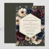 Invitation Mariage baroque bordeaux et marine (Devant / Derrière)