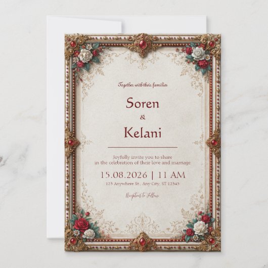 Invitation Mariage baroque floral rubis (Devant)