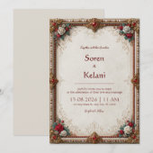 Invitation Mariage baroque floral rubis (Devant / Derrière)