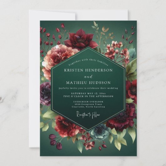 Invitation Mariage Baroque Flore Vert Chasseur (Devant)
