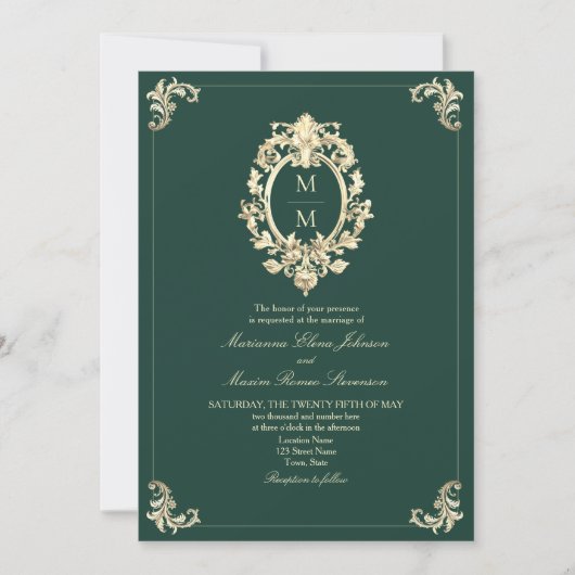 Invitation Mariage Baroque Gold et Emerald Green (Devant)