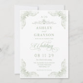 Invitation Mariage Baroque Monogramme Vert Sauge (Devant)