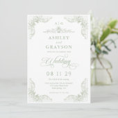 Invitation Mariage Baroque Monogramme Vert Sauge (Debout devant)