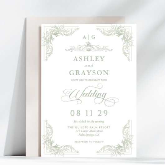 Invitation Mariage Baroque Monogramme Vert Sauge