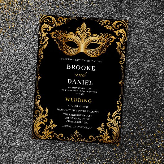Invitation Mariage Baroque Orné Mascarade Dorée