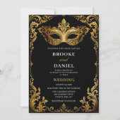 Invitation Mariage Baroque Orné Mascarade Dorée (Devant)