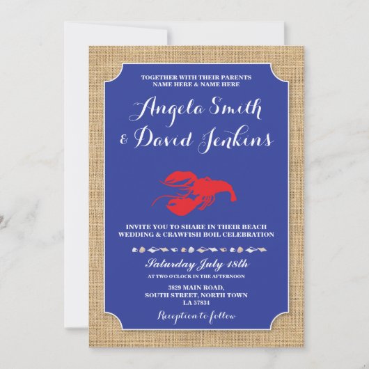 Invitation Mariage Beach Burlap Crawfish Boil Homard Invitati (Devant)