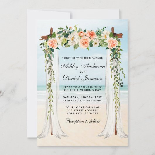 Invitation Mariage Beach Canopy Aquarelle Coral Floral (Devant)