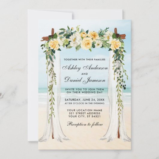 Invitation Mariage Beach Canopy Aquarelle Floral Jaune Or (Devant)