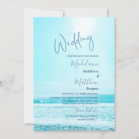 Invitation Mariage Beach Océan Scène Bleu Moderne Design (Devant)