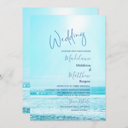 Invitation Mariage Beach Océan Scène Bleu Moderne Design (Devant / Derrière)