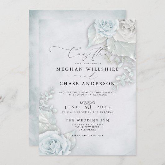 Invitation Mariage | Beaux Roses bleu pâle (Devant / Derrière)