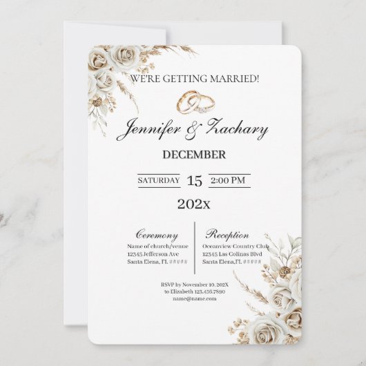 Invitation Mariage beige avec bouquet (Devant)