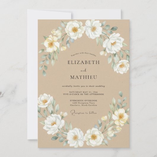 Invitation Mariage Beige Blanc Paeonie (Devant)