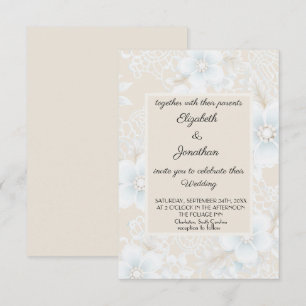 Invitation Mariage beige bleu motif dentelle