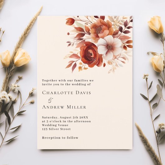 Invitation Mariage beige brûlé orangé floraux