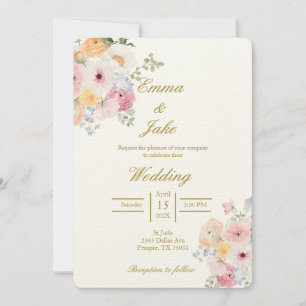 Invitation Mariage beige floral couleur eau