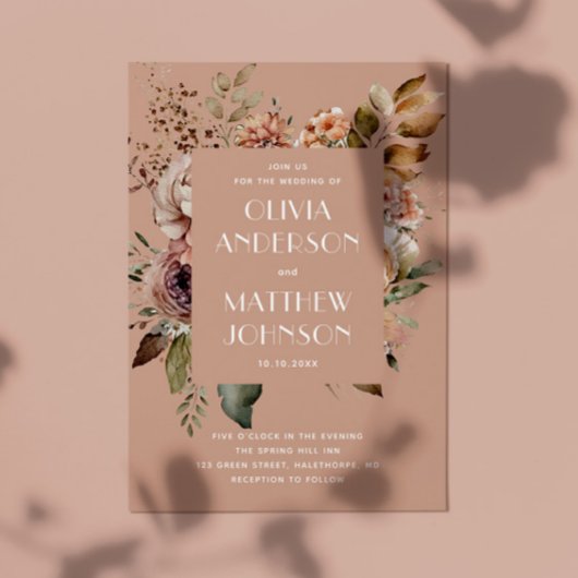 Invitation Mariage beige pêche atténué | Code QR floral autom