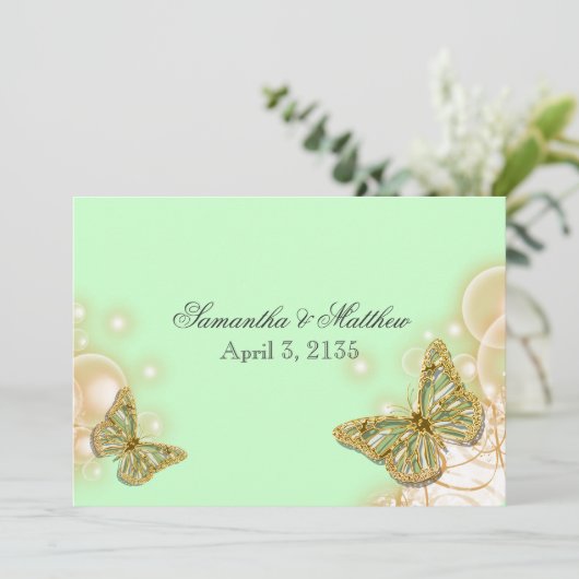 Invitation Mariage beige vert de papillon (Debout devant)