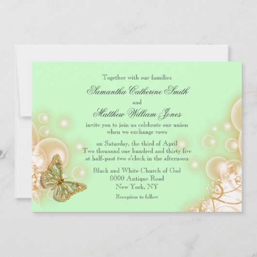 Invitation Mariage beige vert de papillon (Dos)