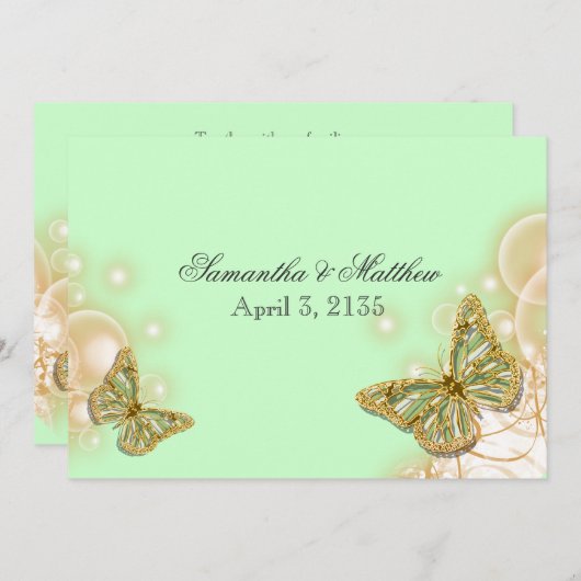 Invitation Mariage beige vert de papillon (Devant / Derrière)