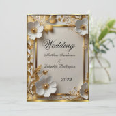 Invitation Mariage Belle Or fleurs blanches Moderne (Debout devant)