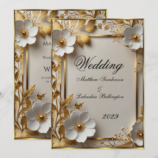 Invitation Mariage Belle Or fleurs blanches Moderne (Devant / Derrière)