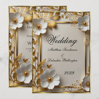 Invitation Mariage Belle Or fleurs blanches Moderne