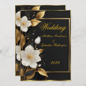 Invitation Mariage Belles fleurs blanches Feuilles d'or (Devant / Derrière)