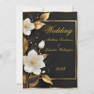 Invitation Mariage Belles fleurs blanches Feuilles d'or