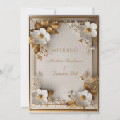 Invitation Mariage Belles fleurs blanches or feuilles (Devant)