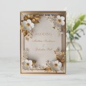 Invitation Mariage Belles fleurs blanches or feuilles (Debout devant)