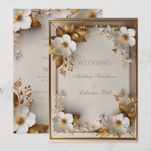 Invitation Mariage Belles fleurs blanches or feuilles (Devant / Derrière)