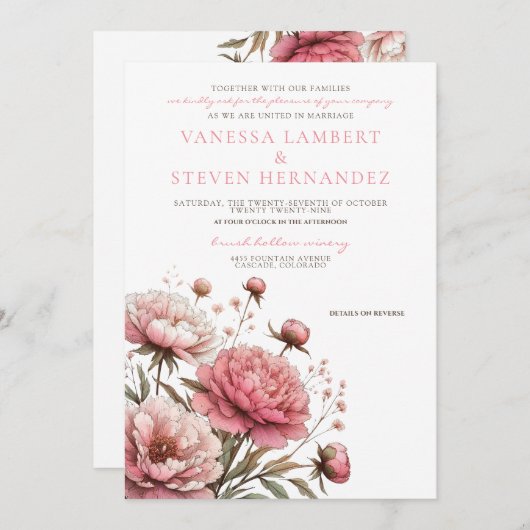 Invitation Mariage Big Pink Blooms (Devant / Derrière)