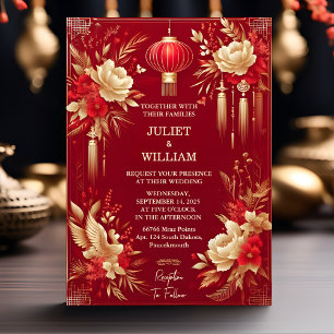 Invitation Mariage bilingue asiatique moderne floral chinois