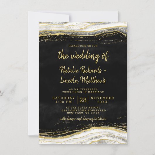 Invitation Mariage Bille de Géode Agate Noir Blanc & Or (Devant)
