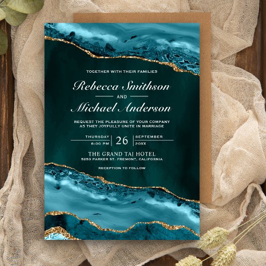 Invitation Mariage Bille de Marbre Agate Bleu-vert et Or