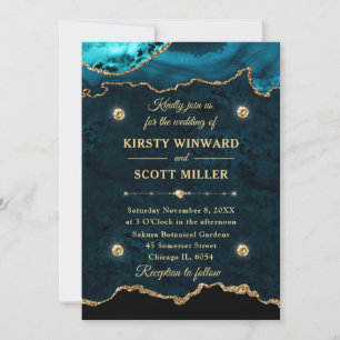 Invitation Mariage Bille de Marbre Agate Paillettes Or Turquo