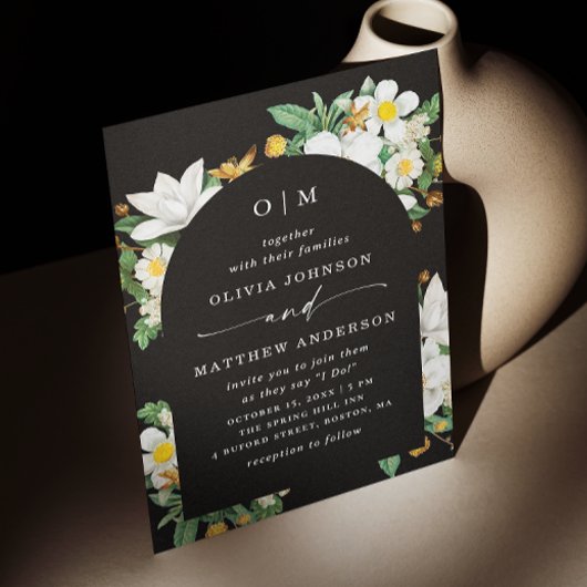 Invitation Mariage Black Arch. Fleur Elegant Bloom + Code QR