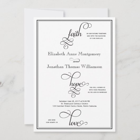 Invitation Mariage Black Curly Script Faith Hope & Love (Devant)