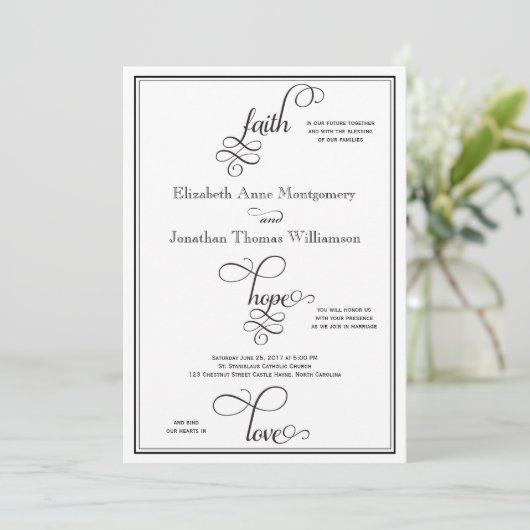 Invitation Mariage Black Curly Script Faith Hope & Love (Debout devant)