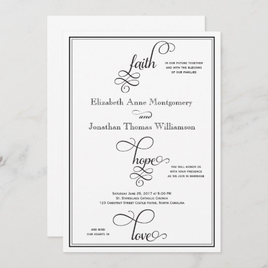 Invitation Mariage Black Curly Script Faith Hope & Love (Devant / Derrière)