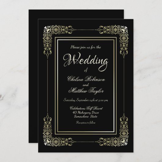 Invitation Mariage Black Frame Gold (Devant / Derrière)